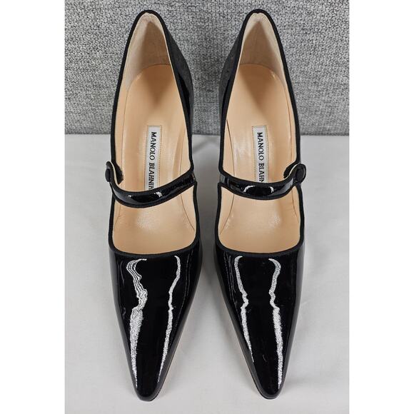 MANOLO BLAHNIK WOMEN'S CAMPARI MARY JANE 3" HEEL PUMPS BLACK PATENT SIZE 6.5 - Picture 4 of 13